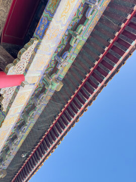 Painted roof eaves at Forbidden City Palace Museum, Beijing, China, under blue sky