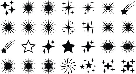 Sparkle star icon vector collection featuring black twinkling stars bursts light beams shooting star and flash burst elements © Sumita