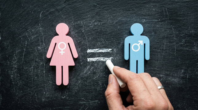 Gender equality concept chalk drawing symbolizing equal rights between male with sign between stylized figures dark textured stylized pink female depicts hand using chalk draw equals