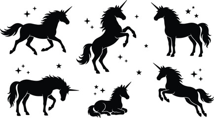Unicorn silhouette vector icon set featuring black fantasy horse silhouettes running rearing jumping and standing with magic star elements © Sumita