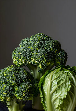 Fresh green broccoli florets and savoy cabbage leaves, healthy eating and organic vegetable concept, dark background