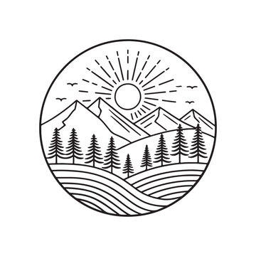 Minimal 2027 line art vector of layered mountains with a rising sun, smooth curved horizon, elegant pine trees, clean contour lines, modern geometric circle frame, organized vector layers, crisp 