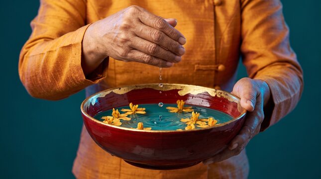 Myanmar hands present a padauk water bowl for Thingyan