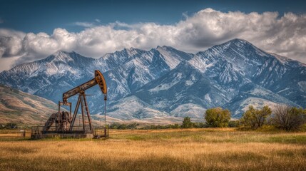 Fototapeta premium Desert pulse: the rhythmic churn of the oil industry against a mountain backdrop. Advertising photo. Sunset industry: an oil pump jack under fading desert light and rising mountains.