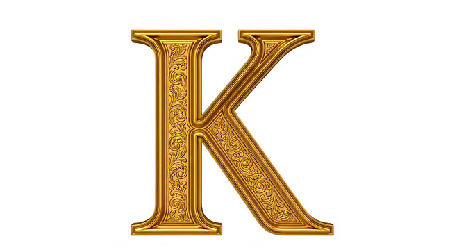 Elegant gold decorative letter K with intricate ornate design isolated transparent background