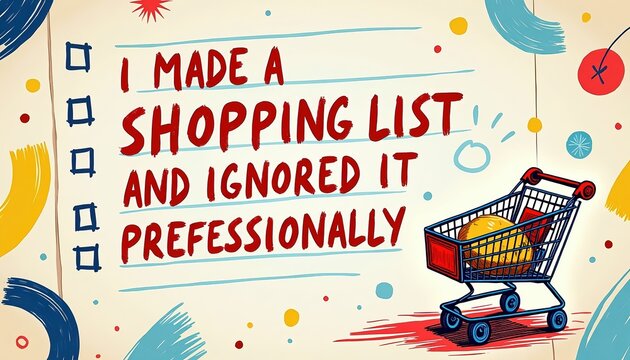 Handwritten Shopping List on Paper with Shopping Cart Illustration and Colorful Background