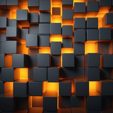 Uniform cube wall with one protruding glowing cube concept