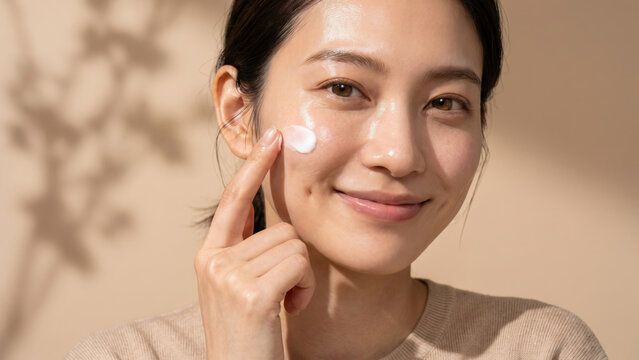 温かい自然光と木漏れ日の中で、潤いに満ちた頬にフェイスクリームを優しく塗る若いアジア人女性。スキンケア、保湿効果、そして透明感あふれる健康的なツヤ肌の魅力を訴求するビューティーポートレートです。