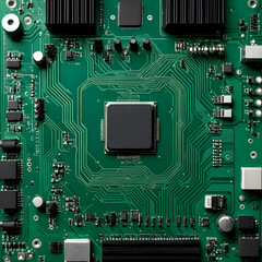 Fototapeta premium Green circuit board with central processor unit and various electronic components, technology and computing concept, this intricate hardware forms the backbone of digital systems
