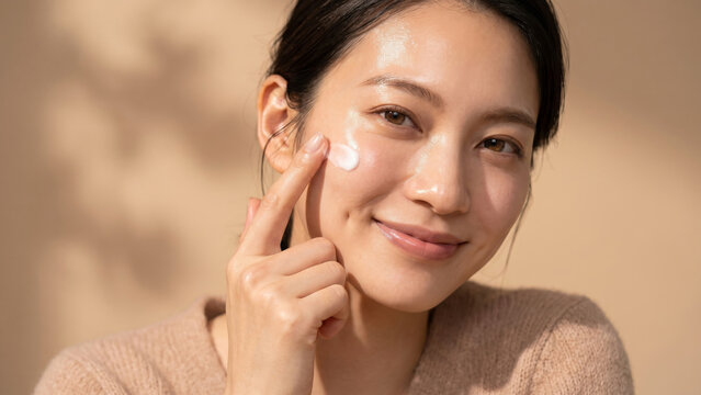 温かい自然光と木漏れ日の中で、潤いに満ちた頬にフェイスクリームを優しく塗る若いアジア人女性。スキンケア、保湿効果、そして透明感あふれる健康的なツヤ肌の魅力を訴求するビューティーポートレートです。