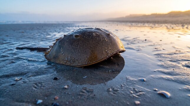 Horseshoe crab on sandy beach at sunset, close up macro shot