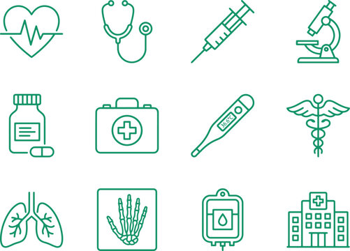 medical green line icons with first aid, syringe, stethoscope and hospital