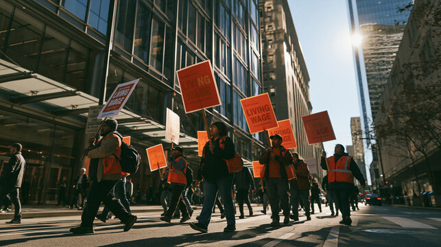 Workers in orange vests unite in peaceful public protest march on city street with signs for employment rights