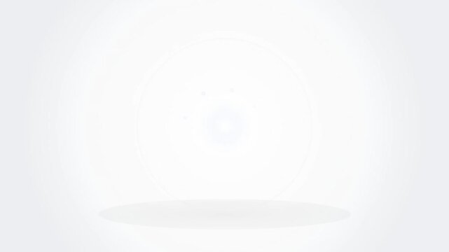Minimalist abstract white background featuring a glowing central circular light burst with faint blue particles and a soft elliptical floor shadow for futuristic motion graphics.