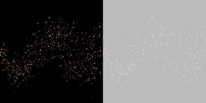 Abstract golden star particles scattered on contrasting black and gray backgrounds, festive glitter effect on transparent background