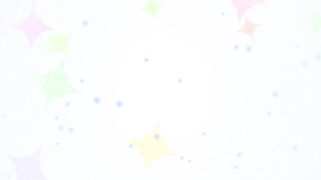 Abstract background with pastel-colored four-pointed stars and soft blue bokeh particles floating on a bright white minimalist backdrop for motion graphics.