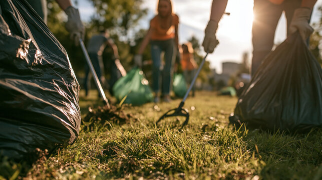 Community volunteering cleanup in sunlit park with group teamwork removing trash and recycling using biodegradable bags