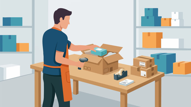 Warehouse worker packing products into cardboard boxes for delivery