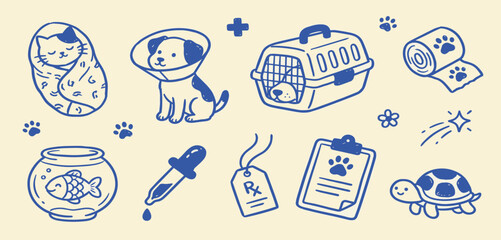 Fototapeta premium Veterinary Pet Care Doodle Set Hand Drawn Vector Illustration