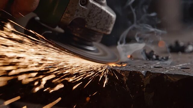 Welder grinding steel metal with angle grinder tool. Worker shaping iron piece with electric cutter emitting sparks and smoke. Industrial repair and fabrication.