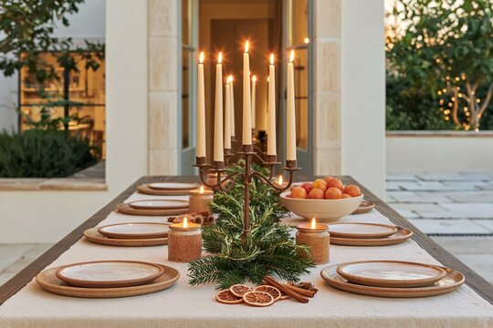 Tuscan Christmas dining tablescape featuring a long dark wooden table adorned with candles, plates, and a centerpiece of greenery and oranges in a serene outdoor setting