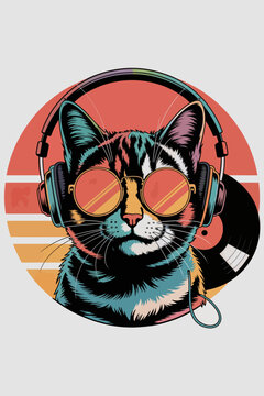The image features a stylish vector illustration of a pet cat acting as a DJ or an avid music lover 