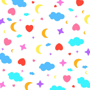 Cute cartoon pattern with hearts, moons, clouds and stars, vector illustration.