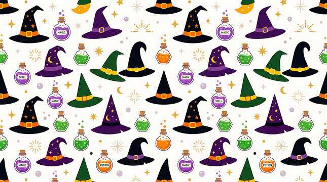 Halloween Magic Potion And Witch Hat Pattern Design