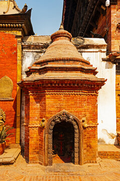 Bhaktapur, Nepal - February 19, 2023: Buddhist temple in Bhaktapur, an ancient city famous for its elegant art and 
 fabulous culture