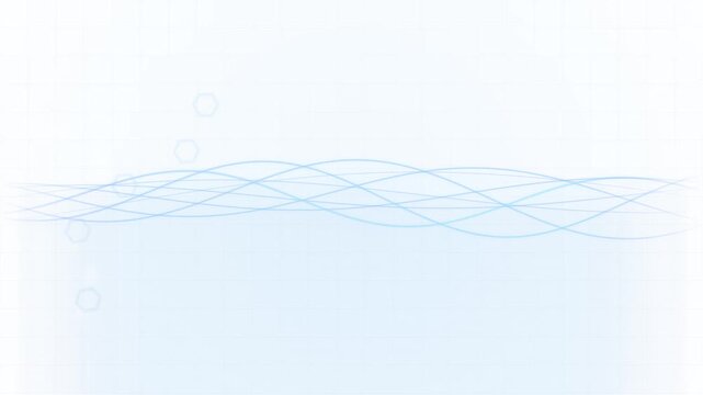 Clean abstract medical background featuring light blue flowing wave lines, hexagonal shapes, and a subtle grid overlay on a white gradient base for corporate presentations.