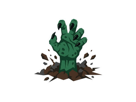 Zombie hand rising from ground with sharp black claws and soil debris for halloween horror concept.