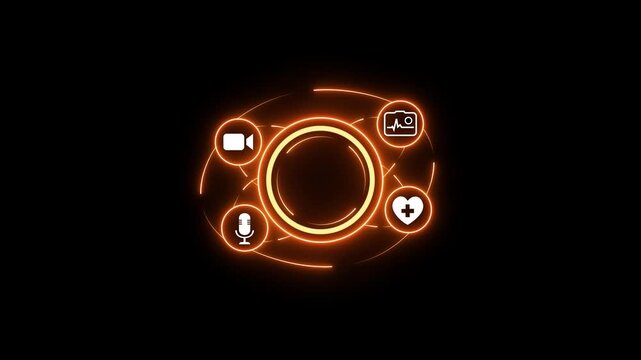 Professional medical displaying symble digital telemedicine interface for remote online healthcare consultation and virtual patient connection service. 4K motion video. neon tool.