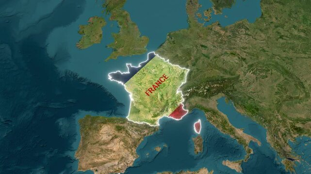 France 3D Satellite Map with French Flag and Border Highlight