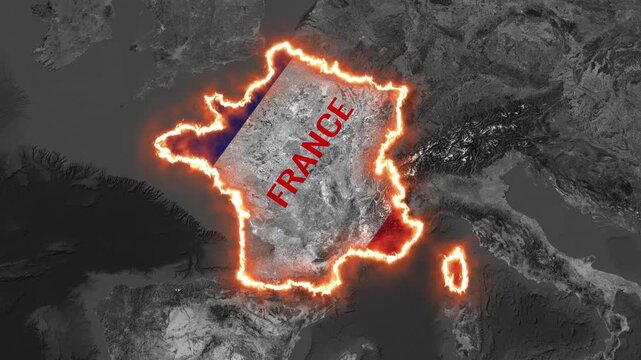 3D Map of France with Glowing Fiery Border and French Flag Overlay