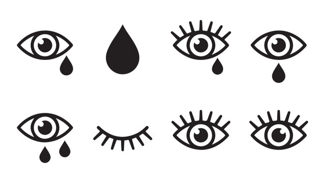 Set of Crying Eye Icons with Tear Drops - Vector Illustration of Sadness and Emotion