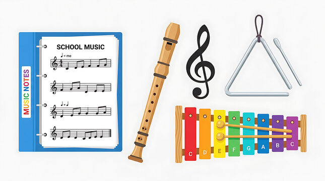 School Music Instruments And Notebook