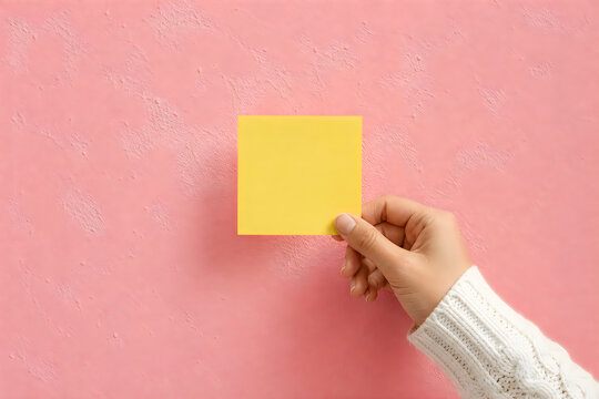Yellow sticky note held by hand on pink background, blank paper adhesive memo for reminders, office stationery mockup for message and planning isolated on White Background ai