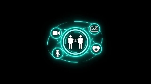 Professional medical displaying symble digital telemedicine interface for remote online healthcare consultation and virtual patient connection service. 4K motion video. neon tool.