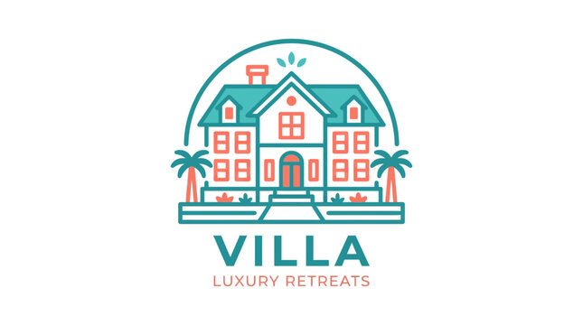 Simple professional luxury retreat villa logo with palm trees and teal coral line art design