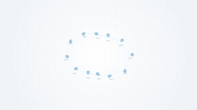 Blue futuristic data visualization showing a circular network of hexagonal nodes with hexadecimal labels and connecting lines on a clean white grid background for technology concepts.