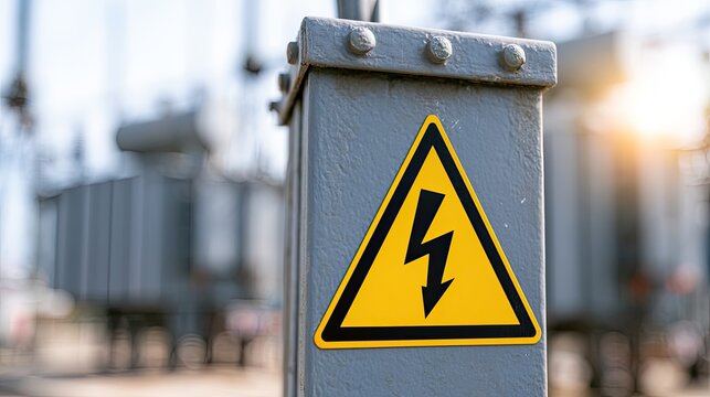 Warning sign on electrical equipment at an outdoor substation