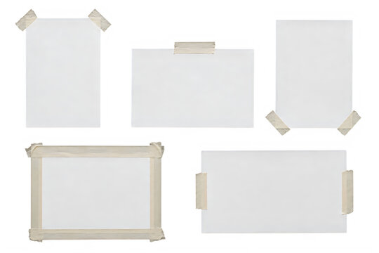 Minimalist blank paper sheets with masking tape, collection of white note cards and adhesive tape strips, clean paper mockup set for moodboards isolated on White Background ai