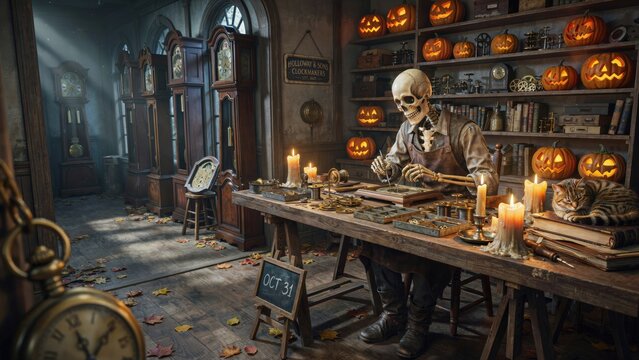 Skeleton clockmaker working in a spooky halloween workshop