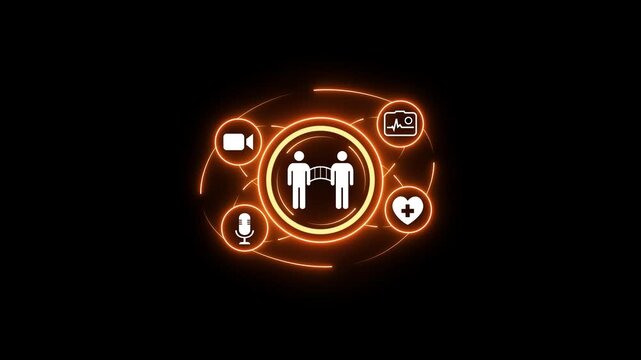 Professional medical displaying symble digital telemedicine interface for remote online healthcare consultation and virtual patient connection service. 4K motion video. neon tool.