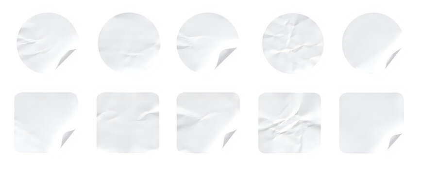 Crumpled white sticker set with 10 adhesive paper labels, wrinkled round and square decal collection, textured blank mailing tags for branding isolated on White Background ai