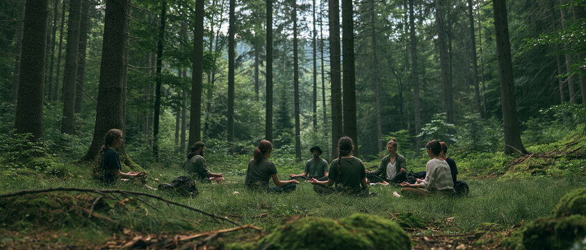 Group meditation circle in peaceful forest with people sitting on grass for mindfulness, tranquility and wellness outdoors