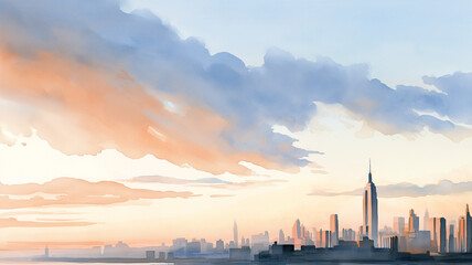 Obraz premium 広い空と立体的な雲を描いた水彩風の都市風景