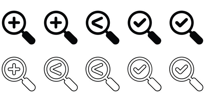 Magnifying glass icon collection with zoom plus minus and check marks set for search interface ui