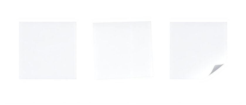 Minimalist white sticky notes set, blank square adhesive paper collection, clean office stationery memo pads with curled corner detail isolated on White Background ai
