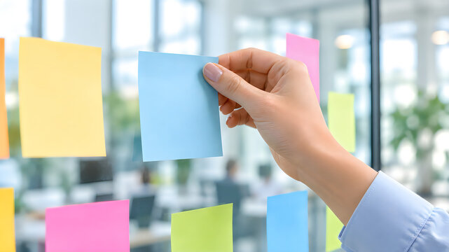 Colorful sticky notes on glass wall in modern office, hand placing blue adhesive note for project management, creative brainstorming session isolated on White Background ai